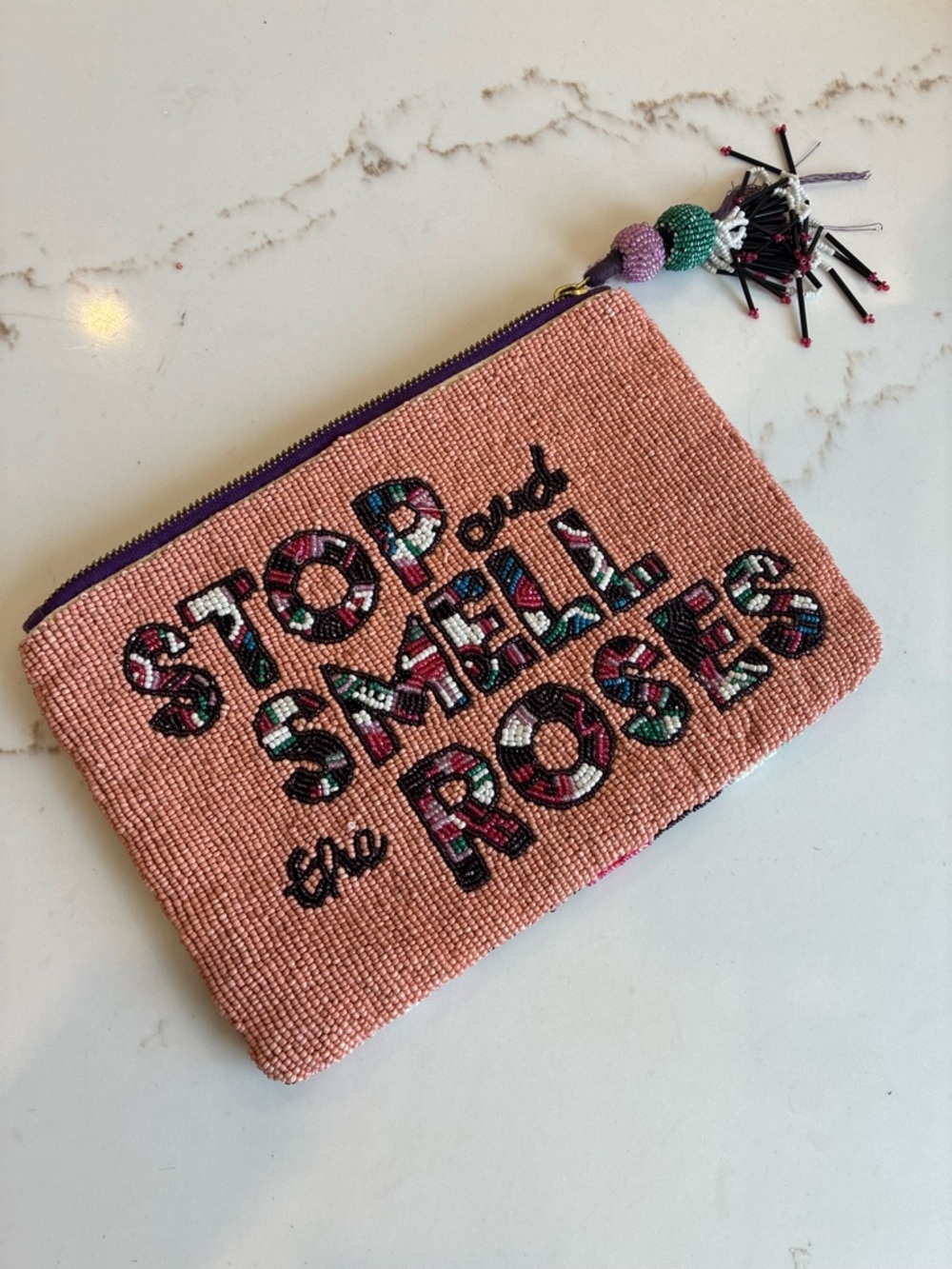 Anthropologie Beaded Pink 'Stop and Smell the Roses' Zip Pouch